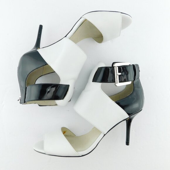 MICHAEL KORS Black White Color Block Leather Logo Buckle Heel Sandals 6 - Picture 4 of 7